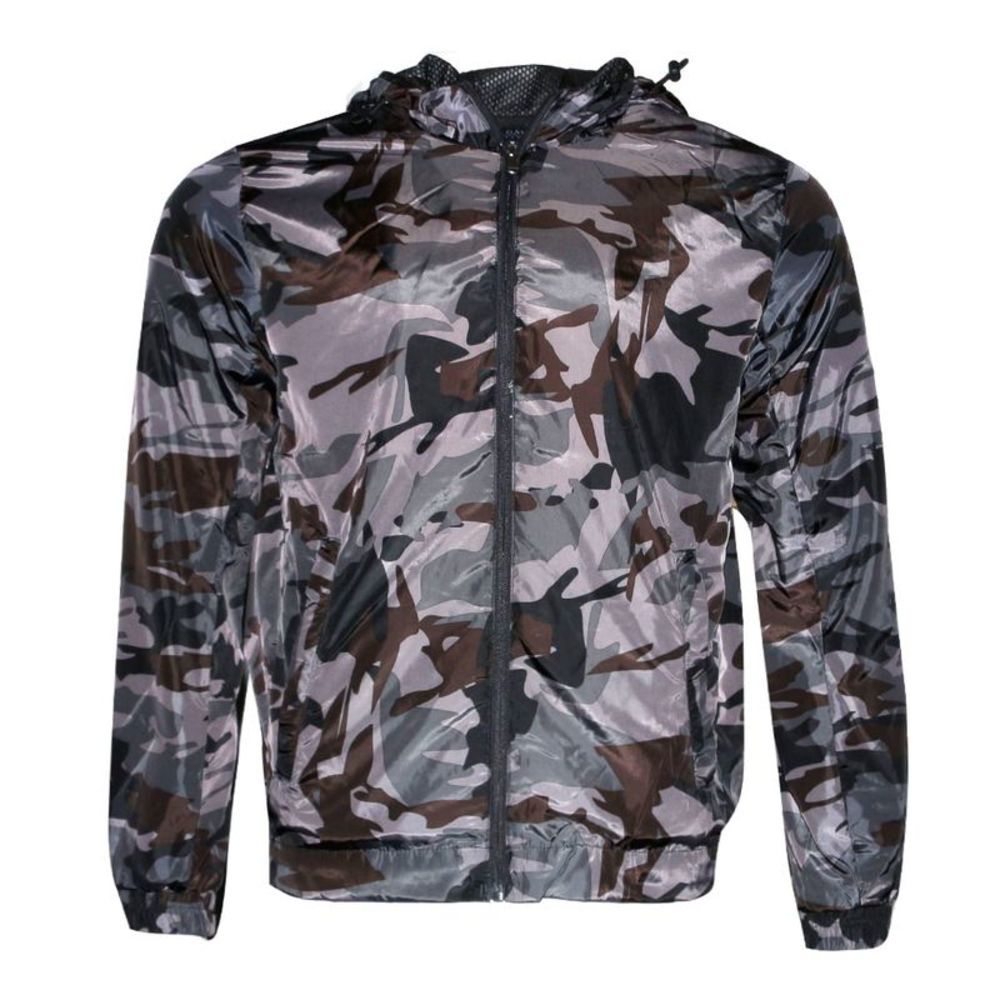 Mens Windbreaker Jacket Polyester Side Pockets Hoodie Mesh Lining Gray